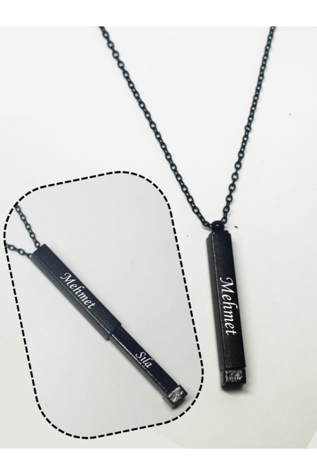 Kişiye Özel İki İsim Yazılı Açılır Unisex Çubuk Bar Kolye