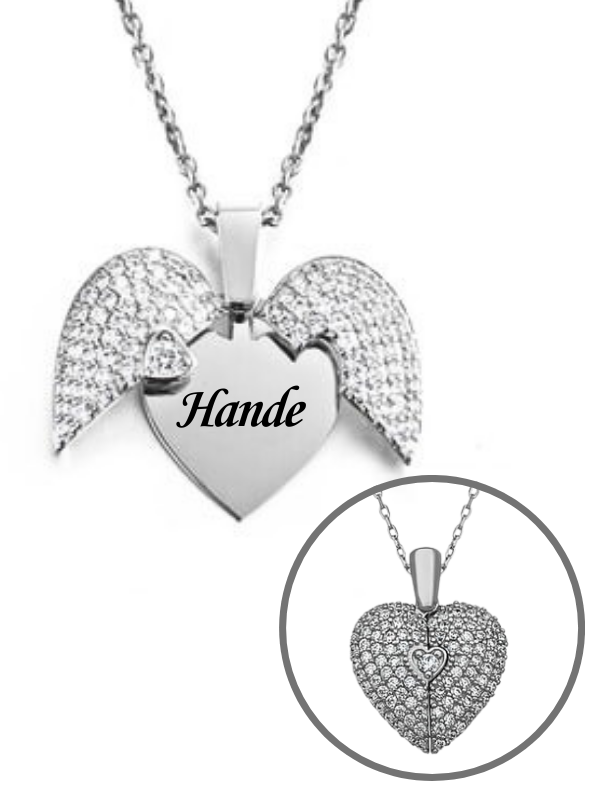 Kişiye Özel Zirkon Taşlı Kanatlı İsimli Kalp Kolye